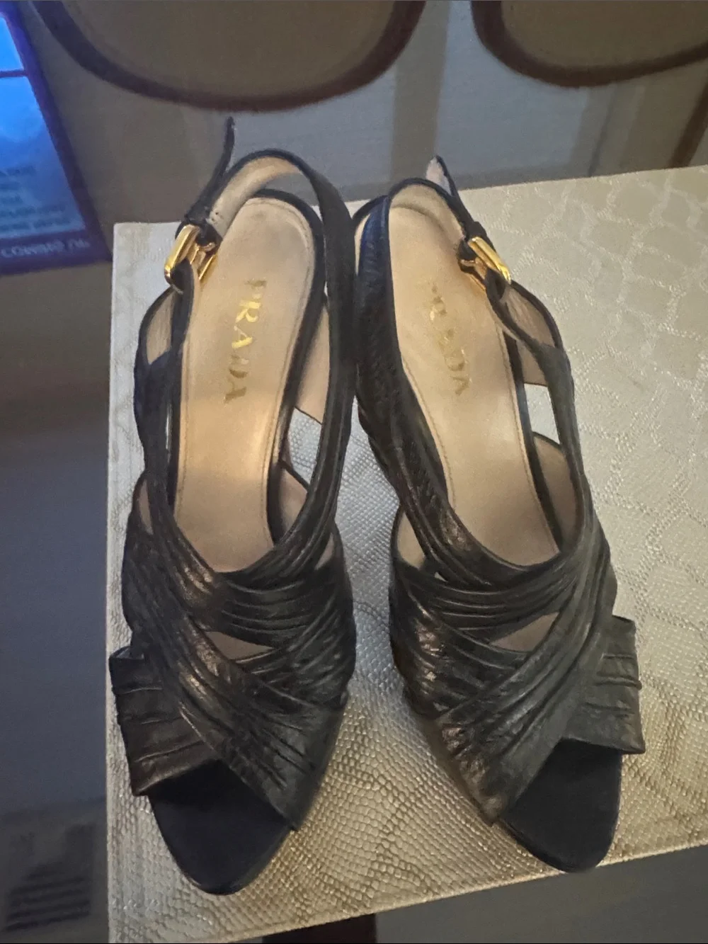 Prada Black Leather Strappy Open-Toe Slingback Heels with Gold Buckles